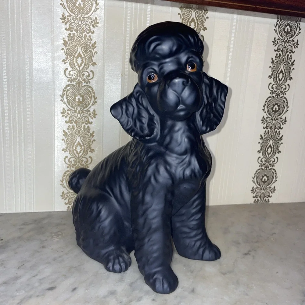 Vintage Matte Black Poodle Dog Statue 10.5 in Japan, High Gloss Eyes